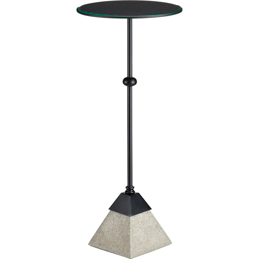 Parna Accent Table by Currey and Company in satin black, polished concrete, clear. Made from wrought iron, concrete, glass in a modern style.