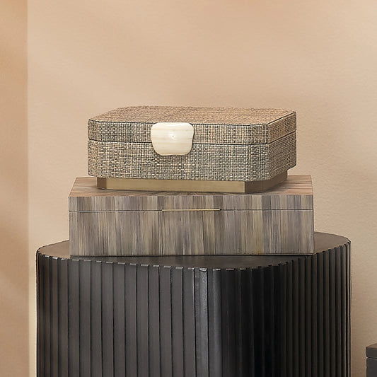 Eden Box by Jamie Young. Made from raffia, ox bone, chambrey in a cottage & farmhouse style.