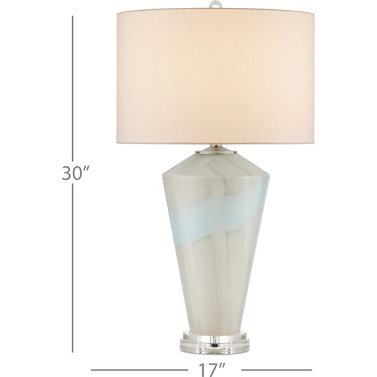 Floating Cloud Table Lamp by Currey and Company in pale gray, light blue, clear, polished nickel. Made from glass, optic crystal, metal in a modern style.