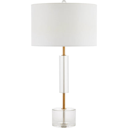 Deville Table Lamp by Currey and Company in clear, antique brass. Made from optic crystal, metal in a modern style.