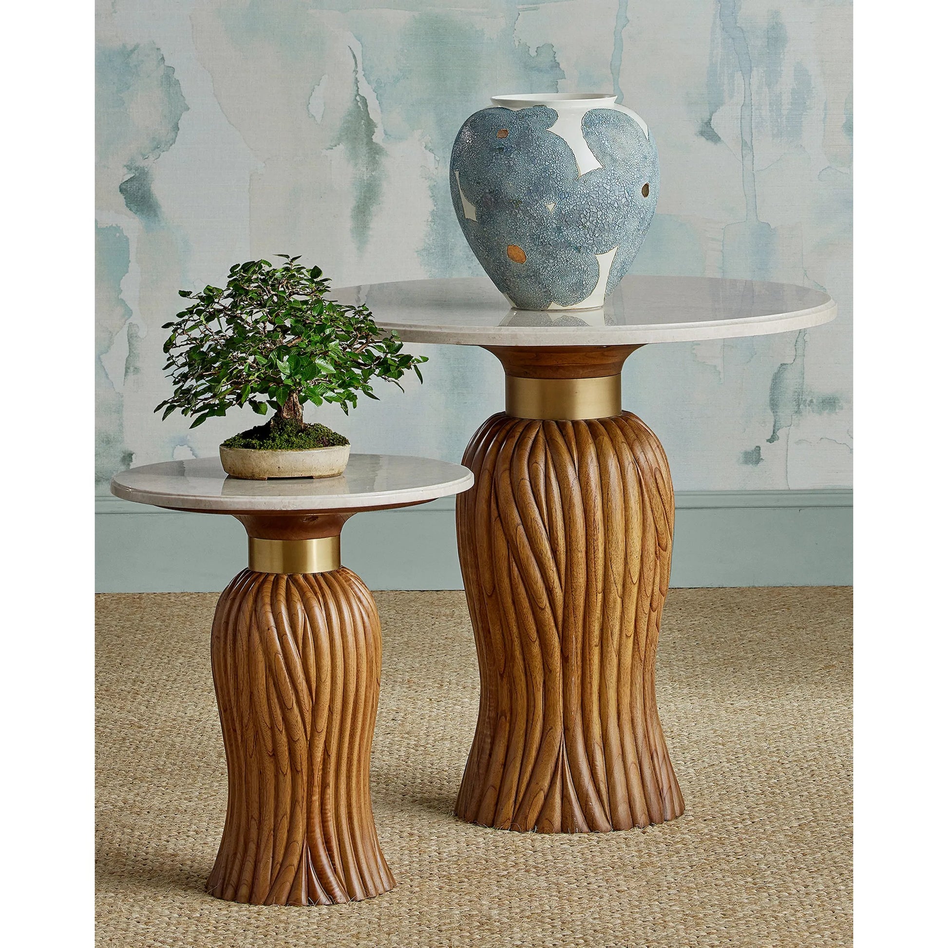 Bloom Blue & Ivory Vase by Currey and Company in textured blue, off-white, gold. Made from porcelain in a modern style.