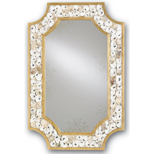 Margate Mirror by Currey and Company in contemporary gold leaf, natural. Made from wrought iron, mirror, oyster shell in a coastal style.
