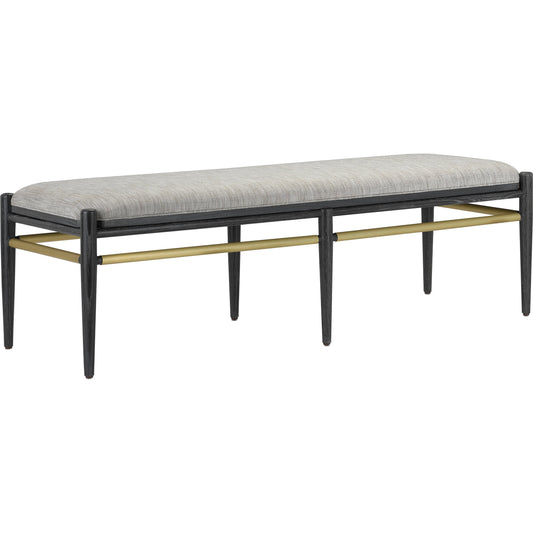 Visby Smoke Bench by Currey and Company in cerused black, brushed brass. Made from oak, brass, f0224 arita smoke in a transitional style.