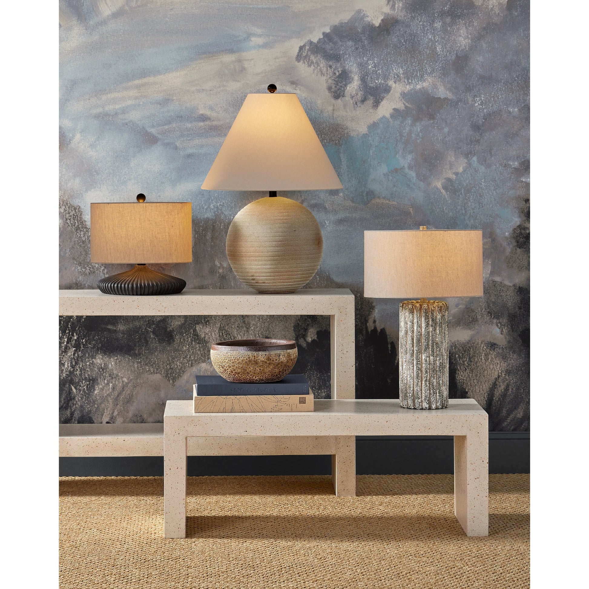 Carson Bench by Currey and Company in ivory terrazzo. Made from concrete, stone, shell in a modern style.