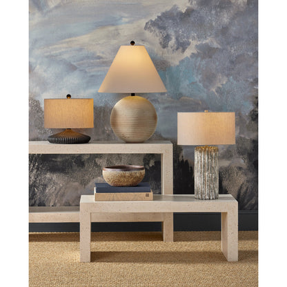Carson Bench by Currey and Company in ivory terrazzo. Made from concrete, stone, shell in a modern style.