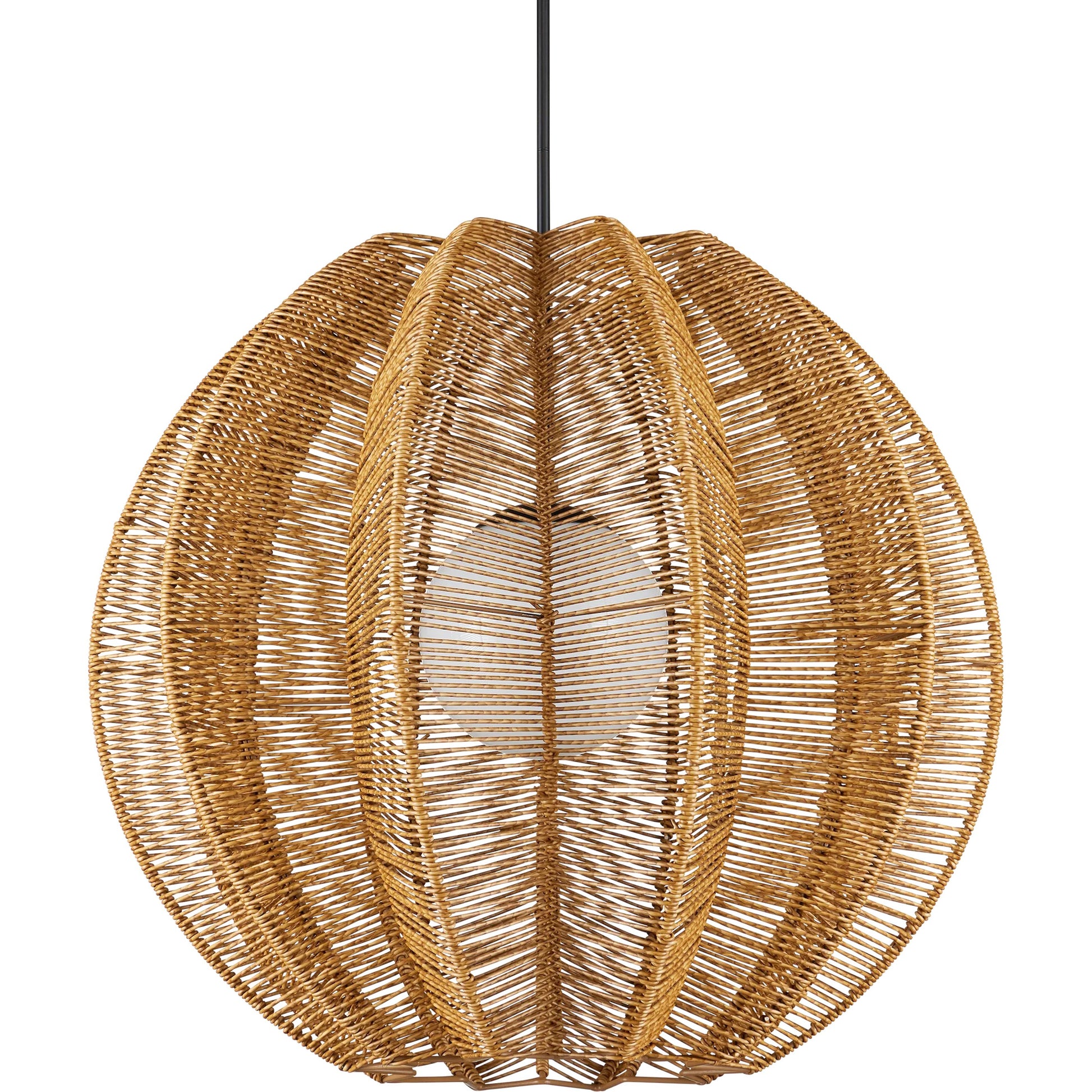 Barbary Fluted Outdoor Pendant by Currey and Company in natural, black, frosted white. Made from all-weather wicker, metal, glass in a rustic style.