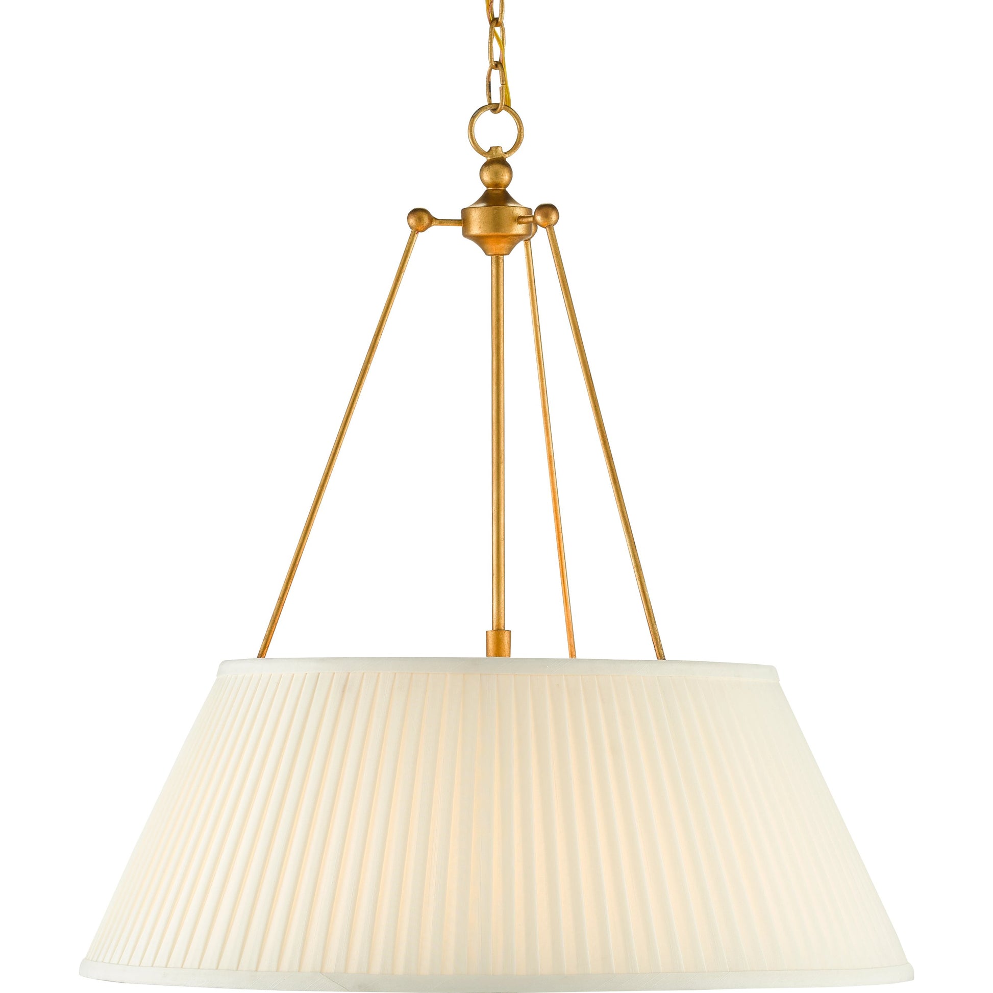 Lytham Pendant by Currey and Company in antique gold leaf, white. Made from wrought iron, fabric in a traditional style.