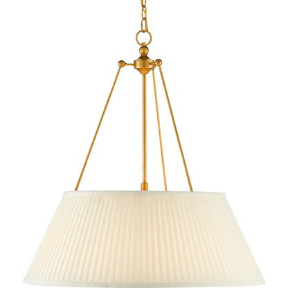 Lytham Pendant by Currey and Company in antique gold leaf, white. Made from wrought iron, fabric in a traditional style.