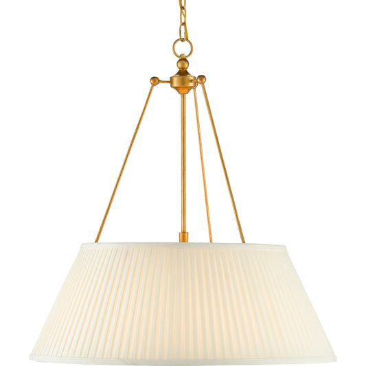 Lytham Pendant by Currey and Company in antique gold leaf, white. Made from wrought iron, fabric in a traditional style.