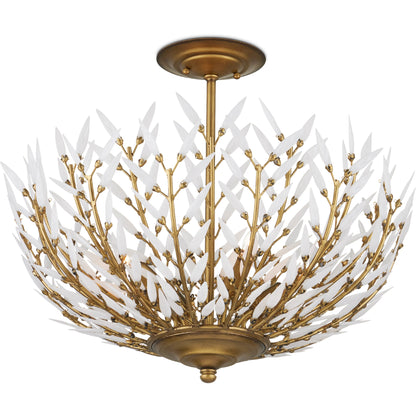 Magnum Opus Semi-Flush Mount by Currey and Company in brass, white. Made from wrought iron, glass in a modern style.