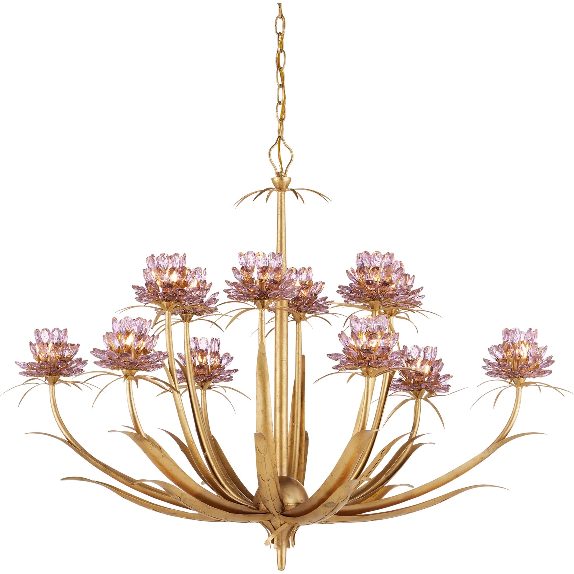 Marilee Chandelier by Currey and Company in pink, dutch gold leaf. Made from crystal, wrought iron in a eclectic & global style.