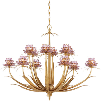 Marilee Chandelier by Currey and Company in pink, dutch gold leaf. Made from crystal, wrought iron in a eclectic & global style.
