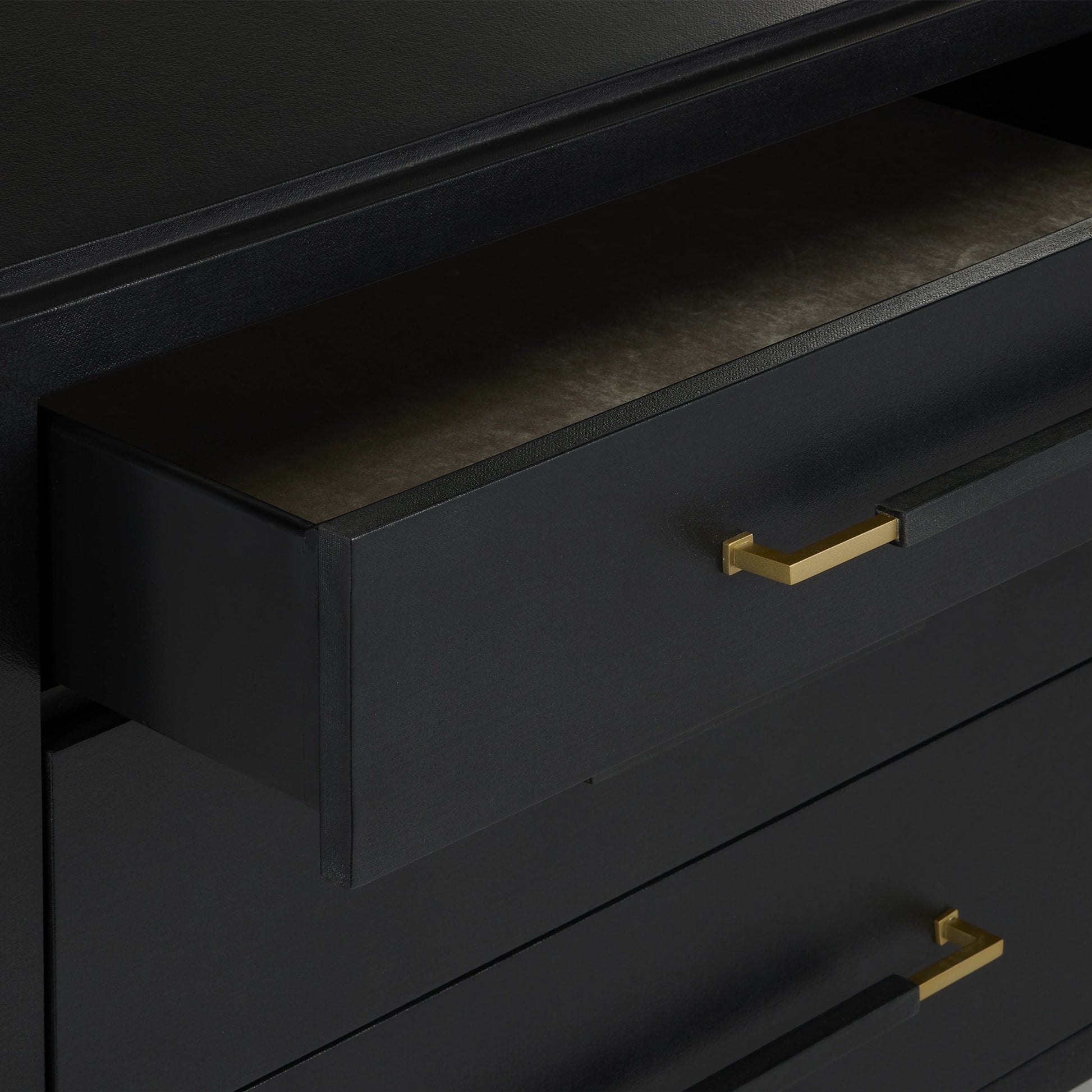 Verona Three-Drawer Chest by Currey and Company in lacquered black linen, champagne. Made from black linen, mahogany, brass, iron in a traditional style.