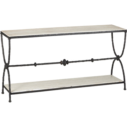 Agora White Travertine Console Table by Currey and Company in natural, rustic bronze. Made from white travertine, wrought iron in a modern style.