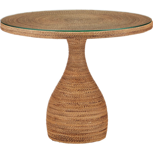 Dominica Entry Table by Currey and Company in natural, clear. Made from mahogany, abaca rope, glass in a unique style.