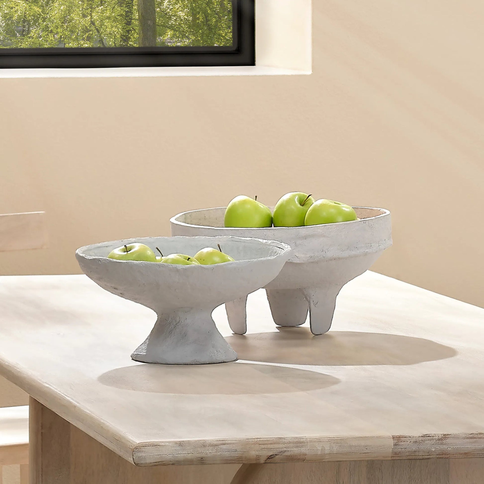Garden Pedestal Bowl by Jamie Young in cream. Made from cotton mache in a modern style.