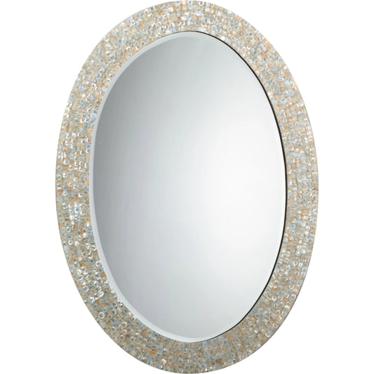 Oval Mirror by Jamie Young in mother of pearl. Made from unique in a coastal style.