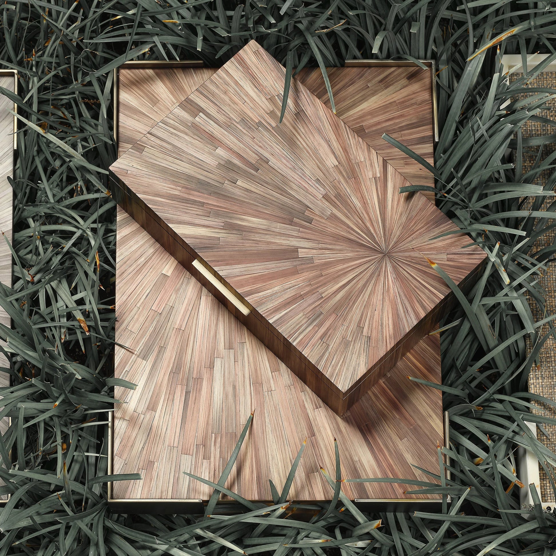 Palm Marquetry Box by Jamie Young. Made from straw, mdf, chambray, iron, suede in a modern style.