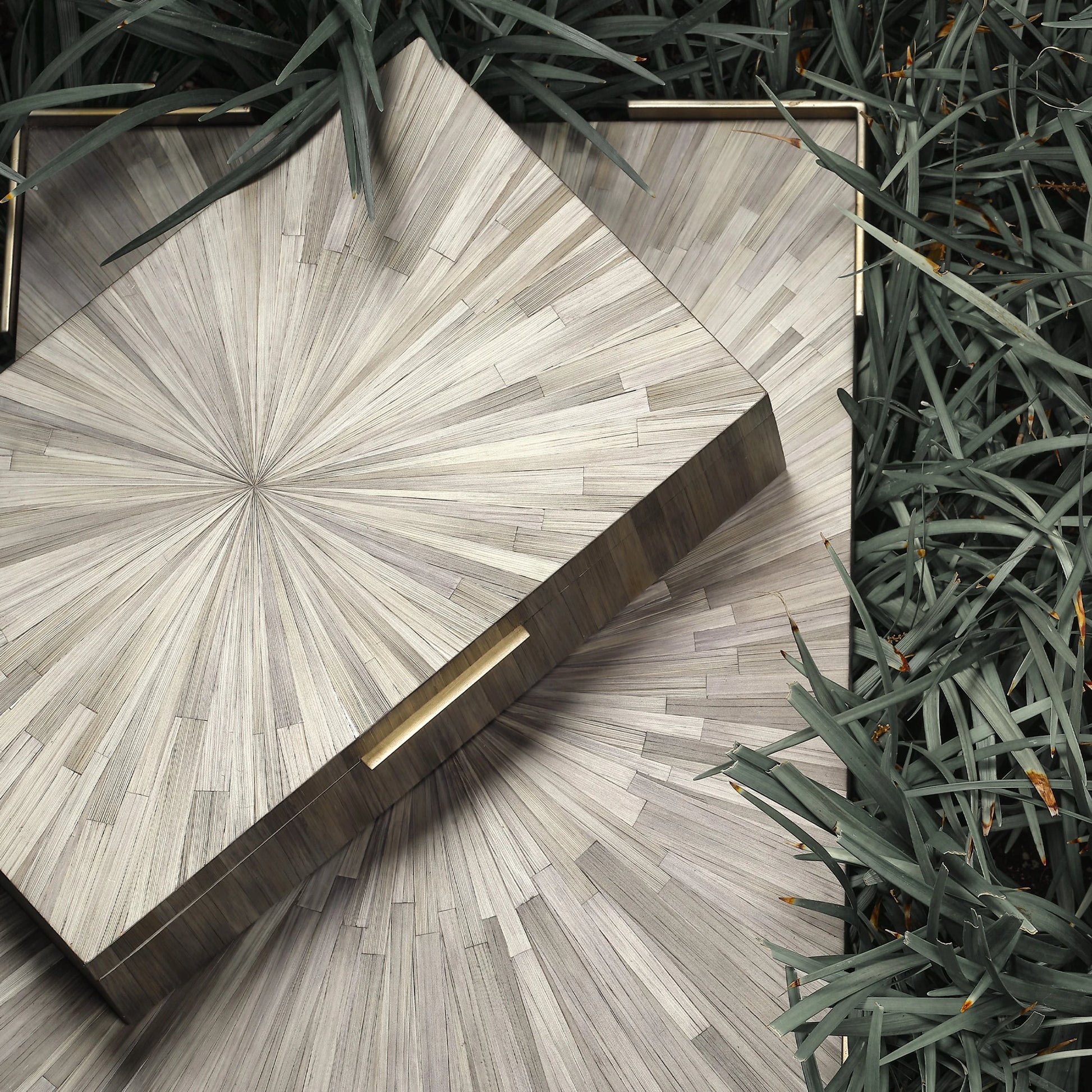 Palm Marquetry Box by Jamie Young. Made from straw, mdf, chambray, iron, suede in a modern style.