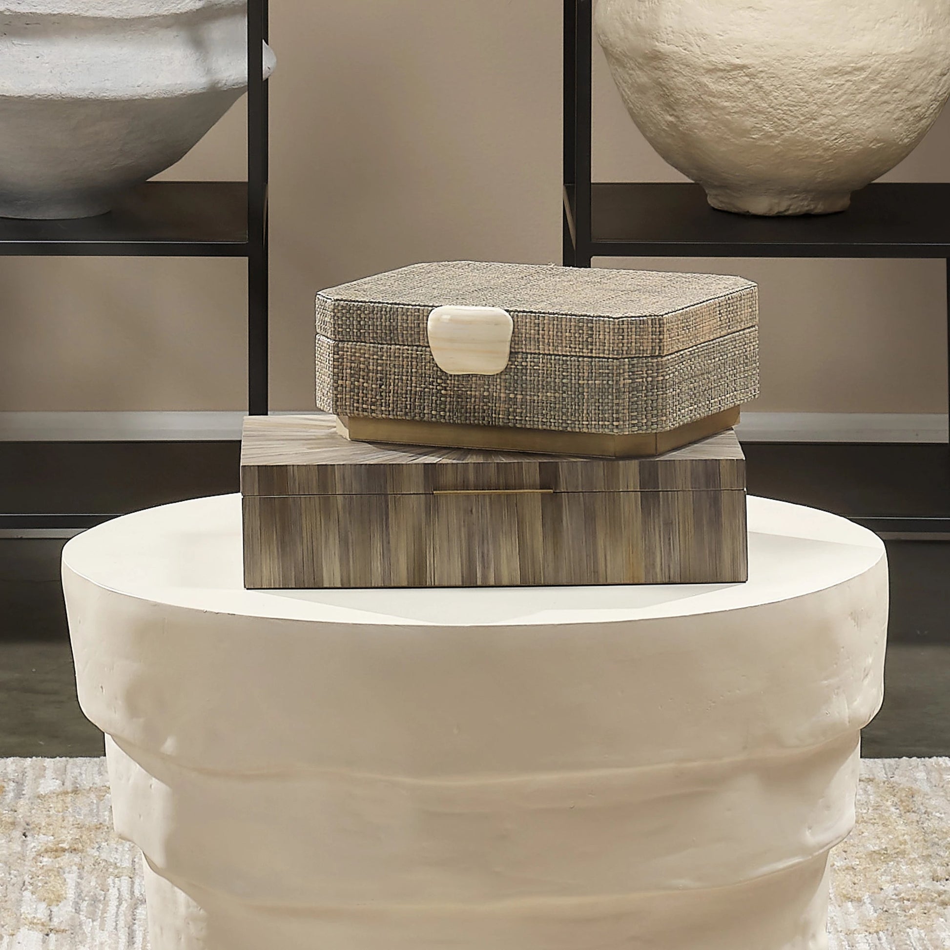 Palm Marquetry Box by Jamie Young. Made from straw, mdf, chambray, iron, suede in a modern style.