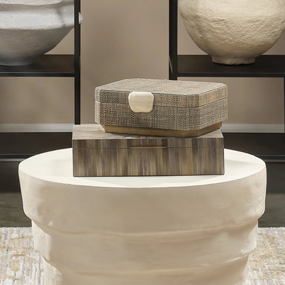 Palm Marquetry Box by Jamie Young. Made from straw, mdf, chambray, iron, suede in a modern style.