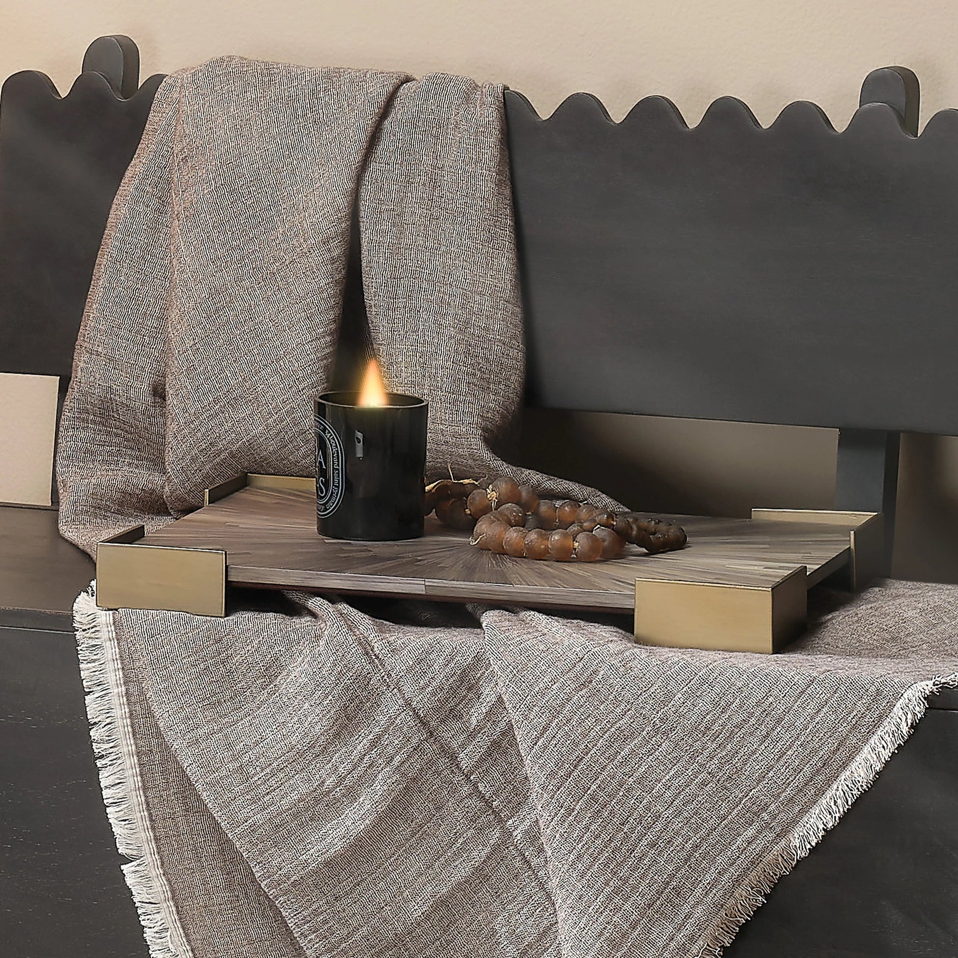 Palm Marquetry Tray by Jamie Young. Made from straw, mdf, suede, metal: iron in a modern style.