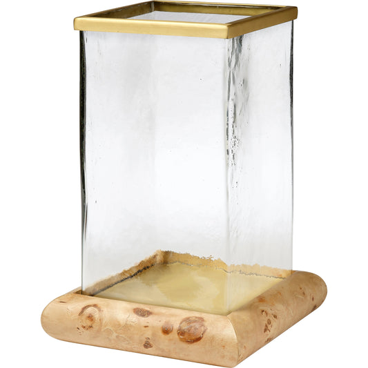 Rhine Hurricane by Jamie Young in brass, natural, clear. Made from glass, iron, burl wood in a modern style.