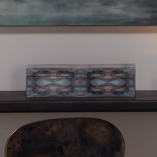 Rorschach Long Box by Jamie Young in indigo blue lacquer. Made from mdf in a eclectic & global style.