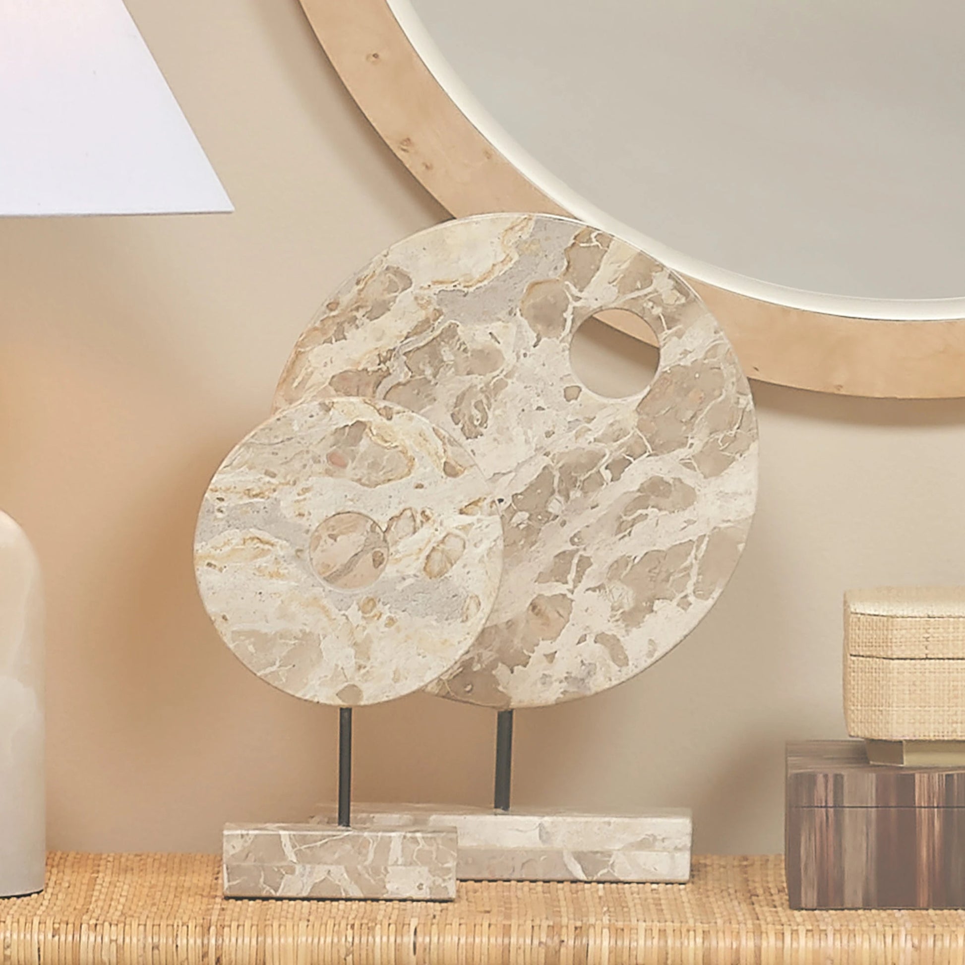 Satellite Marble Stand by Jamie Young in cream. Made from marble, metal: iron in a modern style.