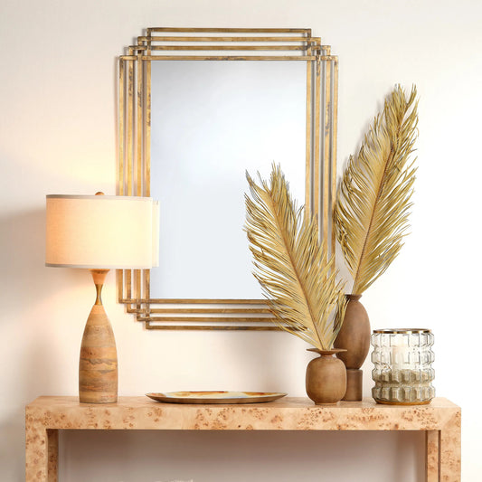 Serai Mirror by Jamie Young in antique brass. Made from metal in a transitional style.