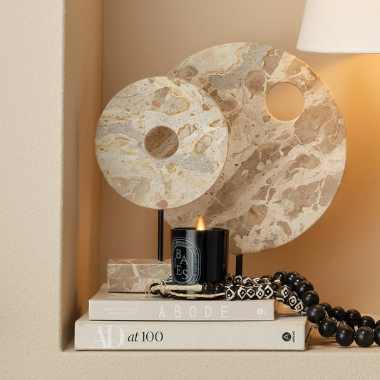 Soleil Marble Stand by Jamie Young in cream. Made from marble, metal: iron in a modern style.