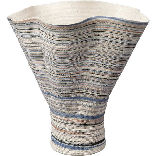 Splayed Vase by The Livingston Collection in blue and matte, textured white, blue. Made from porcelain in a unique style.