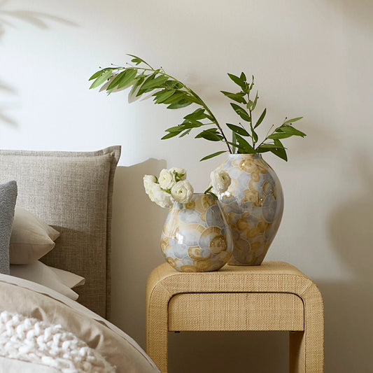 Tranquil Vase by The Livingston Collection in blue and printed blue, natural ceramic glaze. Made from ceramic in a unique style.
