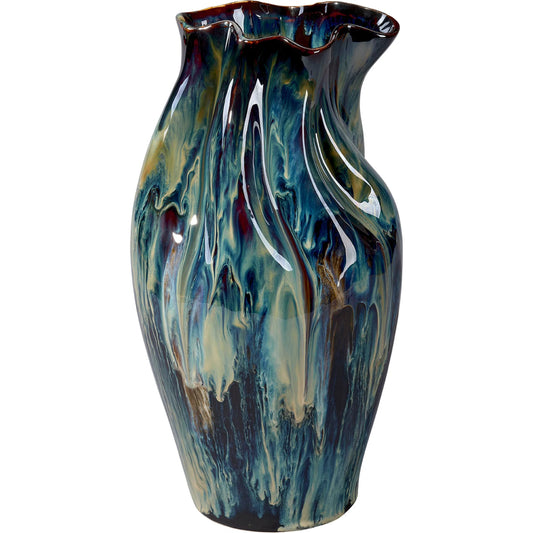 Whirl Vase III by Jamie Young in blue and reactive blue glaze. Made from ceramic in a unique style.