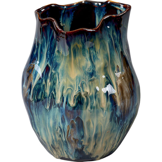 Whirl Vase II by Jamie Young in blue and reactive blue glaze. Made from ceramic in a unique style.