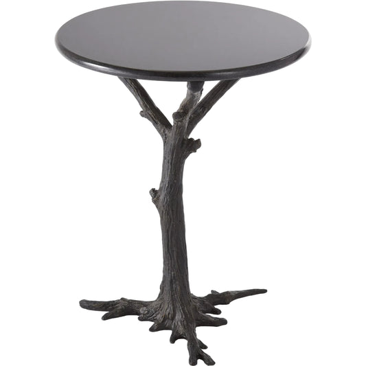 Faux Bois Side Table by Global Views in black powder coat. Made from iron, granite in a rustic style.
