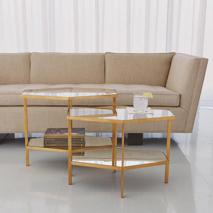 Hexagon Table by Global Views in gold leaf. Made from unique in a transitional style.