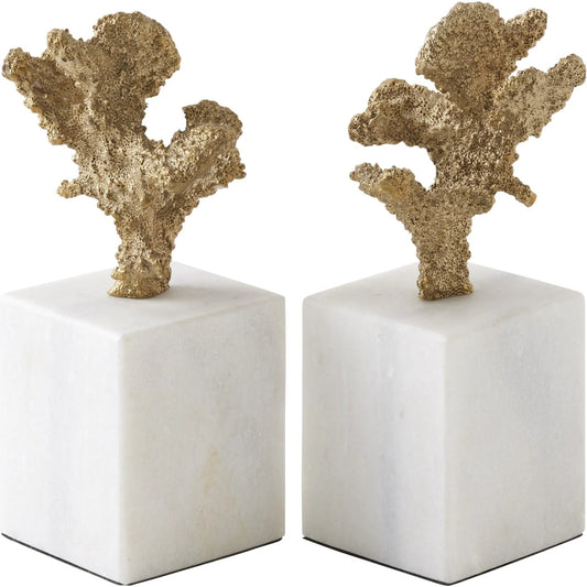 Coral Sculptures by Global Views in brass. Made from cast brass, white marble in a coastal style.