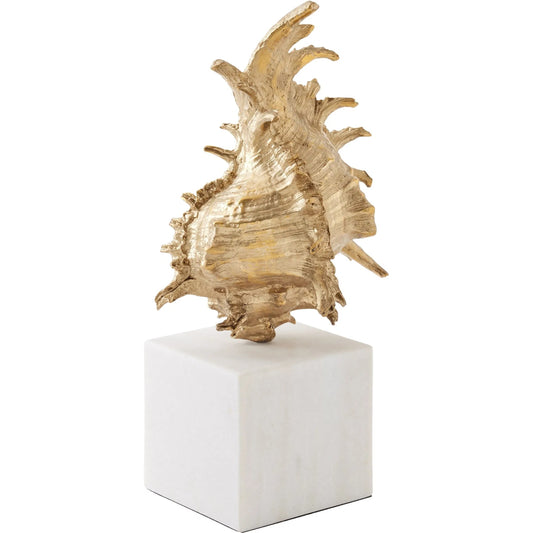 Spider Conch Shell Sculpture by Global Views in brass. Made from cast brass, white marble in a coastal style.