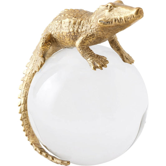 Alligator on Orb by Global Views in brass. Made from cast brass, crystal in a modern style.