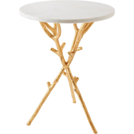 Coral Tripod Table by Global Views in gold leaf. Made from cast iron, white marble in a cottage & farmhouse style.