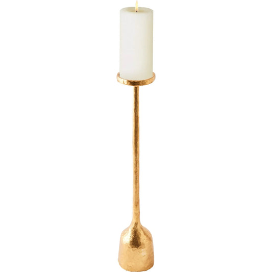 Forged Pillar Candle Holder by Global Views in gold leaf. Made from cast iron in a transitional style.