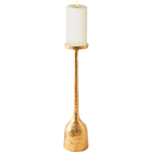 Forged Pillar Candle Holder by Global Views in gold leaf. Made from cast iron in a transitional style.