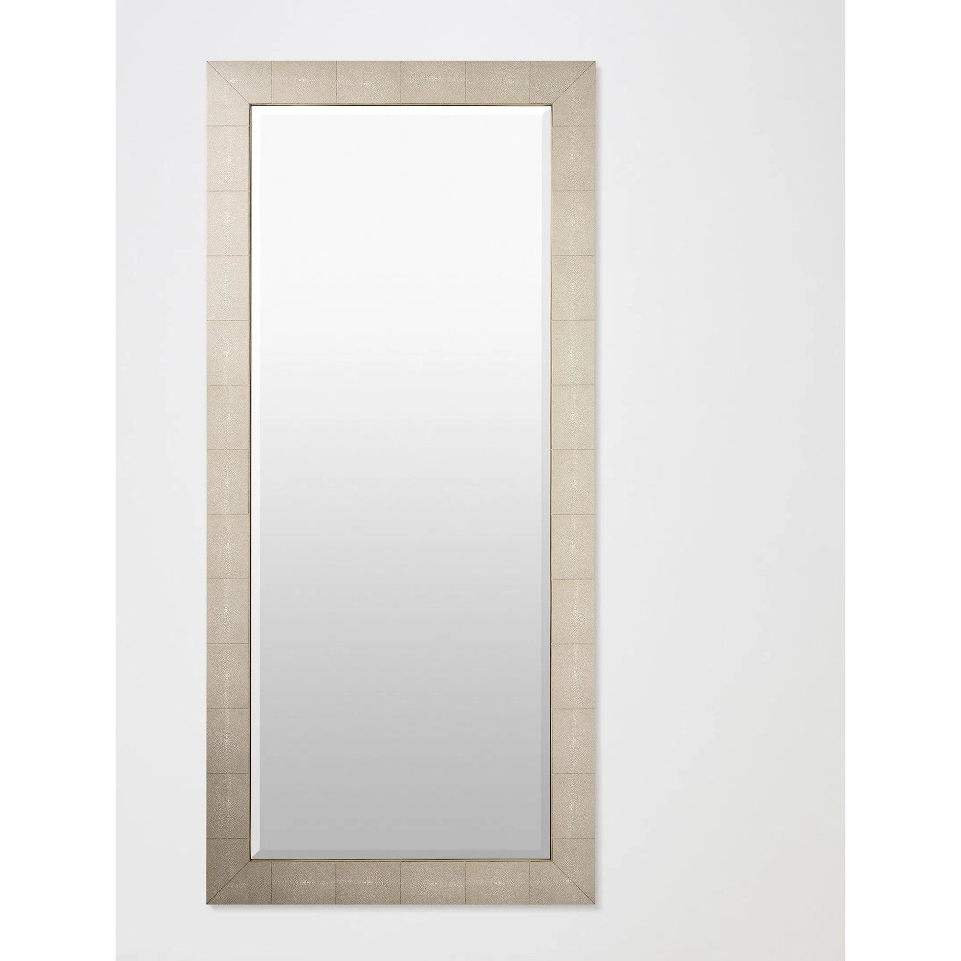 Manta Floor Mirror by Global Views in ivory shagreen. Made from mirror, stainless steel, shagreen leather in a transitional style.