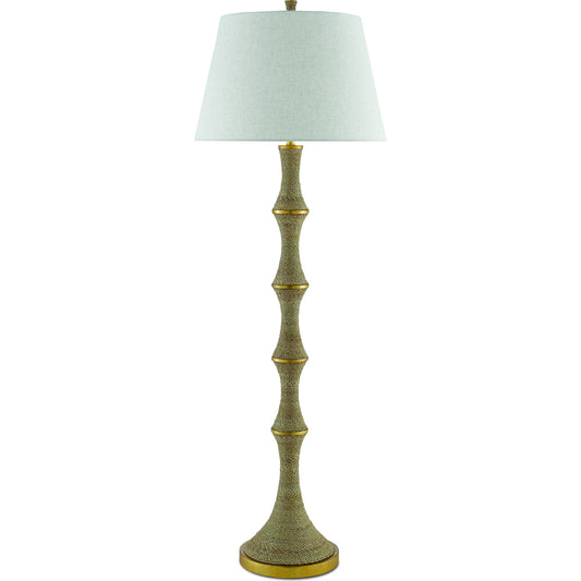 Bourgeon Floor Lamp by Currey and Company in natural, dark contemporary gold leaf. Made from wood, abaca rope, wrought iron in a transitional style.