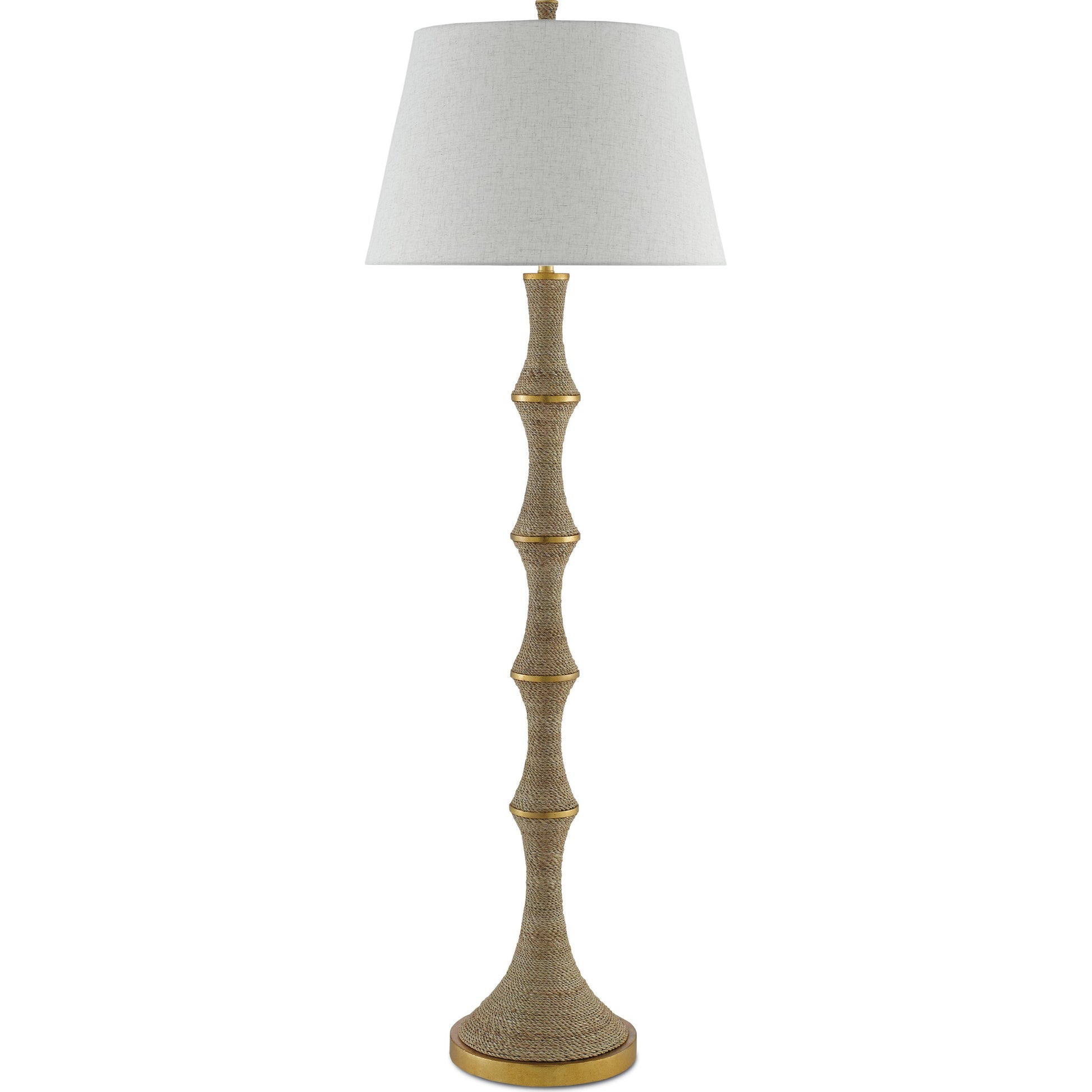 Bourgeon Floor Lamp by Currey and Company in natural, dark contemporary gold leaf. Made from wood, abaca rope, wrought iron in a transitional style.