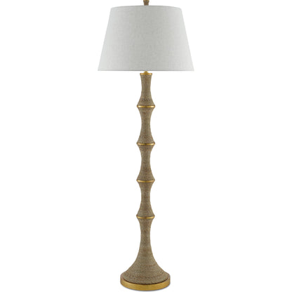 Bourgeon Floor Lamp by Currey and Company in natural, dark contemporary gold leaf. Made from wood, abaca rope, wrought iron in a transitional style.