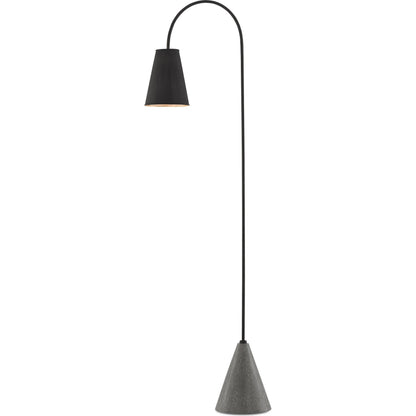 Lotz Floor Lamp by Currey and Company in black iron, silver leaf, polished concrete. Made from wrought iron, concrete in a modern style.
