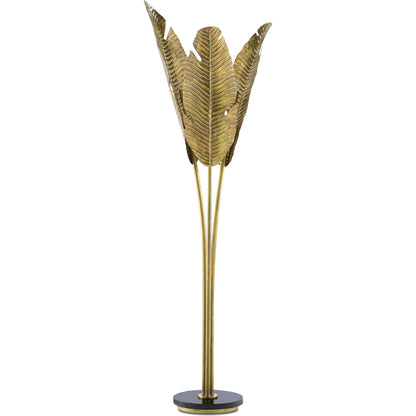 Tropical Floor Lamp by Currey and Company in vintage brass, black. Made from brass, iron, granite in a transitional style.