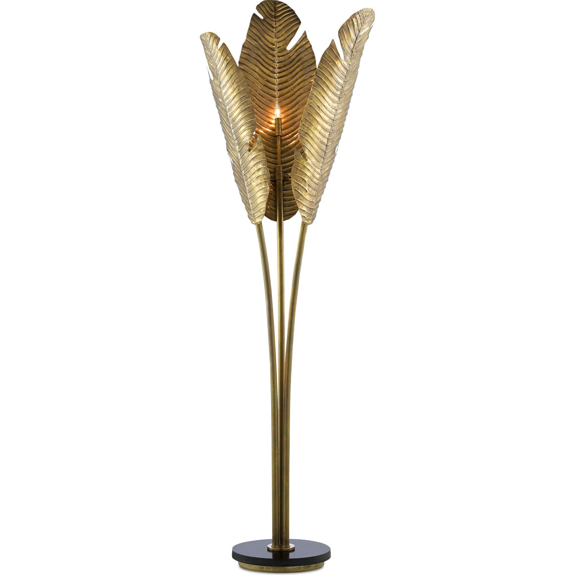 Tropical Floor Lamp by Currey and Company in vintage brass, black. Made from brass, iron, granite in a transitional style.